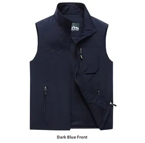 Detailed view of deep blue outdoor fishing vest with multiple pockets and mesh lining