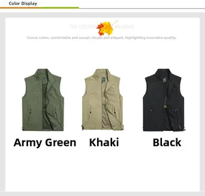Three men's outdoor utility vests in army green, khaki, and black with breathable mesh lining
