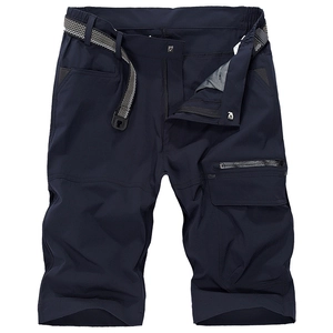 Men's outdoor tactical cargo shorts in navy blue with integrated belt and zipper pocket