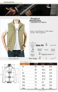 Detailed size chart for men's quick-dry vest including M to 6XL measurements