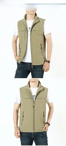 Detail view of khaki outdoor vest with multi-pocket design and zip-up collar for men