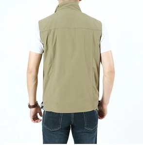 Detail view of khaki outdoor vest showing stand collar and reinforced back stitching