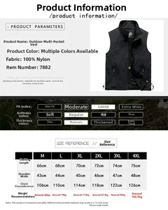 Detailed size chart for men outdoor fishing vest with dimensions and measurements