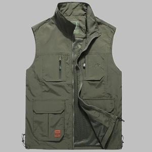 Army green multi-pocket outdoor fishing vest with quick-dry fabric and mesh lining