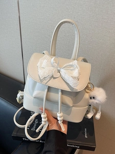 Creamy white mini fashion backpack with lace bow and cute plush pendant charm