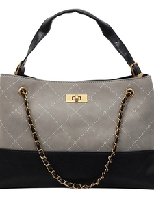 Diamond quilted tote bag in gray and black faux leather with gold chain strap