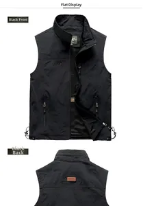 Flat lay of black outdoor vest featuring stand collar, side zipper pockets and embroidery