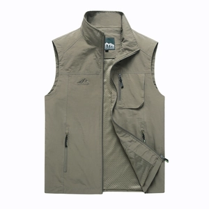 Men Casual Outdoor Multi-Pocket Photography Fishing Vest Stand Collar Polyester Waistcoat With Mesh Lining For Middle Aged Men