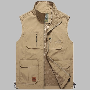Men's khaki multi-pocket outdoor vest with quick-dry fabric and breathable mesh lining