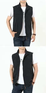 Detail view of black stand collar vest with zipper pockets and breathable quick-dry fabric
