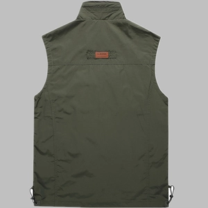 Back view of men's army green quick-dry outdoor vest with stand collar and adjustable hem