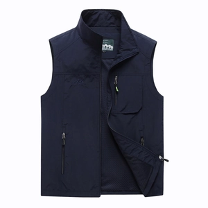 Men's dark blue outdoor fishing vest with multiple pockets and breathable mesh lining