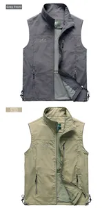 Front view of men's outdoor vests in grey and khaki with stand collar and zipper pockets