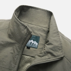 Army green outdoor fishing vest with stand collar, windproof fabric and mesh lining