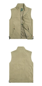 Detail of tan outdoor vest featuring breathable mesh lining and multi-pocket design