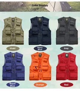Multiple color display of multi-pocket outdoor fishing vests for men in various shades