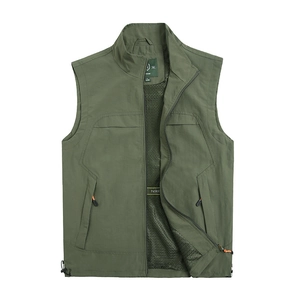 Detail of army green outdoor vest with breathable mesh lining and inner zipper pocket