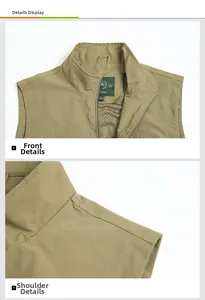 Detail of khaki outdoor vest showing stand collar and mesh lining with ripstop fabric