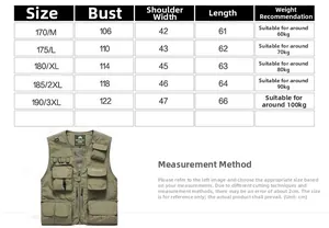Detailed size chart for men outdoor fishing vest with multi-pocket design measurements