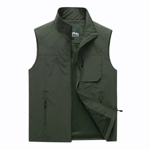 Men's dark green outdoor vest with multiple zipper pockets and breathable mesh lining