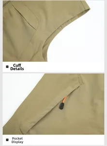 Detail of khaki outdoor vest showing zipper cuffs and side pockets with orange pullers