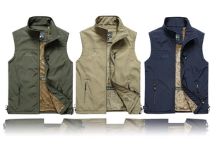 Detail of multi-color outdoor fleece vests with standing collar and zip pockets