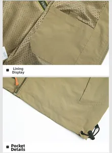 Detail view of breathable mesh lining and interior pocket on khaki outdoor vest