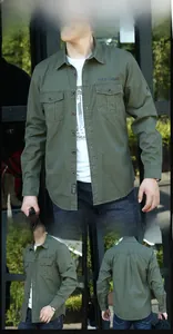 Detail view of army green men's long sleeve cargo shirt with double chest pockets