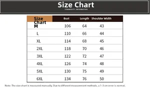 Comprehensive size chart for casual outdoor vests showing measurements from M to 6XL sizes