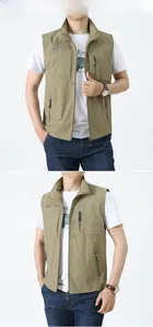 Front and side view of khaki outdoor utility vest with stand collar and zipper pockets
