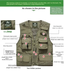 Detailed chart of military green outdoor vest with 15 functional storage pockets