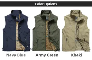Outdoor leisure vests in navy blue, army green, and khaki with warm fleece lining detail
