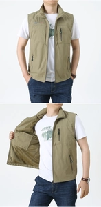 Detail view of khaki outdoor vest showing breathable mesh lining and inner pocket