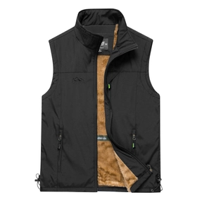 Detail of men's black outdoor vest featuring brown fleece lining and outdoor embroidery