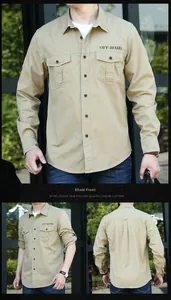 Detail view of khaki cotton work shirt featuring double pockets and OFF-ROAD embroidery