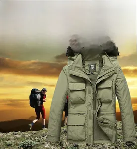 Detail of army green tactical jacket featuring functional cargo pockets and ripstop fabric