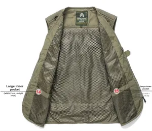 Detail view of olive green fishing vest with large mesh interior and 21x19cm inner pockets