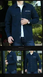 Detail of royal blue cotton work shirt featuring double chest pockets and embroidery