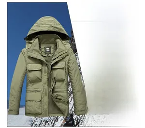 Detail of army green outdoor jacket featuring windproof fabric and functional flap pockets
