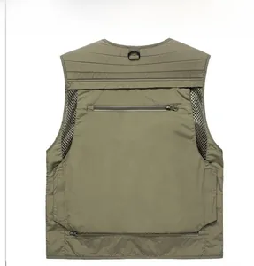 Rear view of outdoor utility vest showing large zipper pocket and gray mesh ventilation