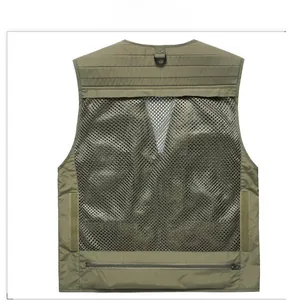 Macro detail of breathable mesh back on multi-pocket outdoor fishing and photography vest