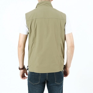 Back view of men's khaki outdoor vest with stand collar and adjustable drawstring hem