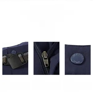Detail view of the outdoor sport shorts featuring metal zipper and brand buckle