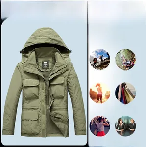 Detail of army green outdoor jacket featuring detachable sleeves and windproof fabric