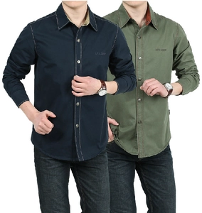 Camicia da Uomo Casual in Cotone a Manica Lunga Vestibilità Comoda Stile Workwear Ricamata Tinta Unita Primavera Autunno