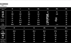 Detailed size chart for men and women quick-dry sports shorts from size M to 5XL