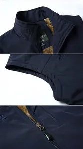 Macro details of navy outdoor vest showing fleece lining and quality zipper stitching