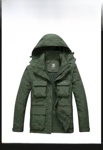 Army green men's outdoor jacket featuring hooded design and large functional utility pockets