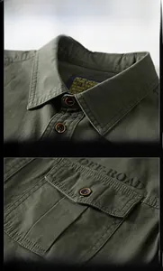 Detailed view of cargo shirt collar, durable twill cotton fabric and chest pocket flap