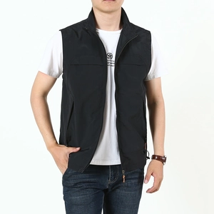 Men's casual black zip-up vest with stand collar and functional pockets for outdoor activities